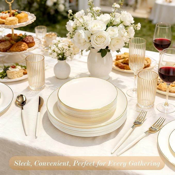 DaYammi 150Pcs Ivory Plastic Plates with Gold Rim,Disposable Plastic Plates Include 30 Dinner Plate,30 Salad Plate,30 Forks,30 Spoons,30 Knives,Ivory and Gold Plates for Party,Wedding,Mother's Day