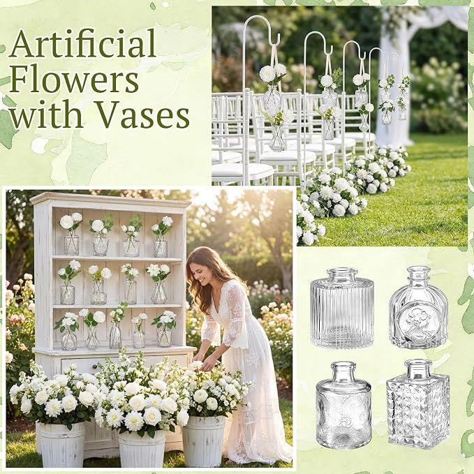 36 Pcs Artificial Flowers Table Centerpiece with Vases Colorful Wildflower Centerpieces Silk Flower Arrangement for Wedding Baby Shower Table Centerpieces Party(White Bloom,Clear)