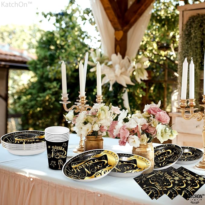 KatchOn, New Years Eve Party Plates, Cups and Napkins sets - Serves 16 Guests | New Years Eve Party supplies 2026 | Nye dinner set, New Year decorations | Nye Party Essentials for Happy New Year 2026