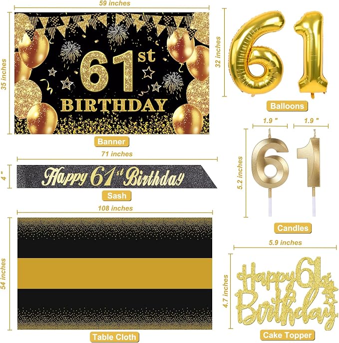 61st Birthday Decorations Men Women with 61st Birthday Banner, Black and Gold Table Cloth, Number Balloons, Large Sash, Cake Topper and Candles