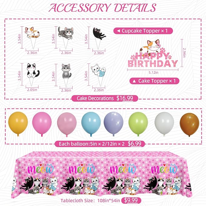 206PCS Cat Party Supplies Set - Complete Cat Themed Birthday Party Decorations with Plates, Cups, Napkins, Tablecloth, Honeycomb Centerpieces,Banner & Balloon and Hanging Swirls