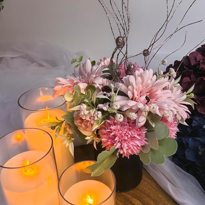 Artificial Flowers Table Centerpieces - Set of 6 Pre-Made Daisy Floral Arrangements with Rustic Metal Black Vase for Birthday, Baby Shower, Party, Home Decorations - Hot Pink & Rose Gold