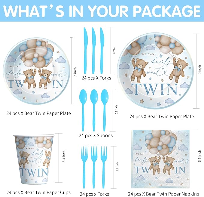 Twin Baby Shower Decorations Tableware, Teddy Bear Theme We Can Bearly Wait Party Supplies, Disposable Paper Dinner Plate, Dessert Plate, Cup, Napkin, Cutlery, Serves 24, Blue and Tan