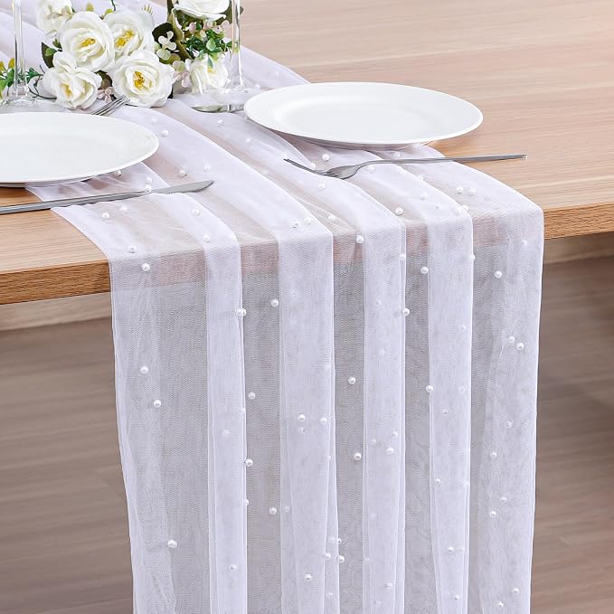 BINBE Pearl Table Runner Spring Summer Rustic Boho 10ft Tulle Table Runner for Baby Shower Wedding Veil Holiday Dessert Table Decor Lvory