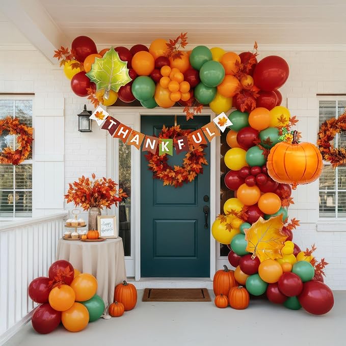 Thanksgiving Party Decorations & with Fall Color Ruby red Burnt orange Yellow Sage Green Balloon Garland Kit & Maple leaf Pumpkin Foil balloons & Banner for Autumn Birthday harvest festival Decor