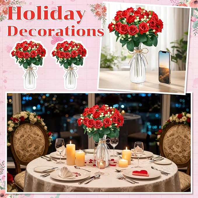 Zeyune 31 Pcs Rose Artificial Flowers with Vase Bulk for Table Centerpiece, 20 Bundles Fake Silk Roses 10 Plastic Clear Vase with 1 Pcs Rope Arrangement Decoration Wedding Home Party (Rose Red)
