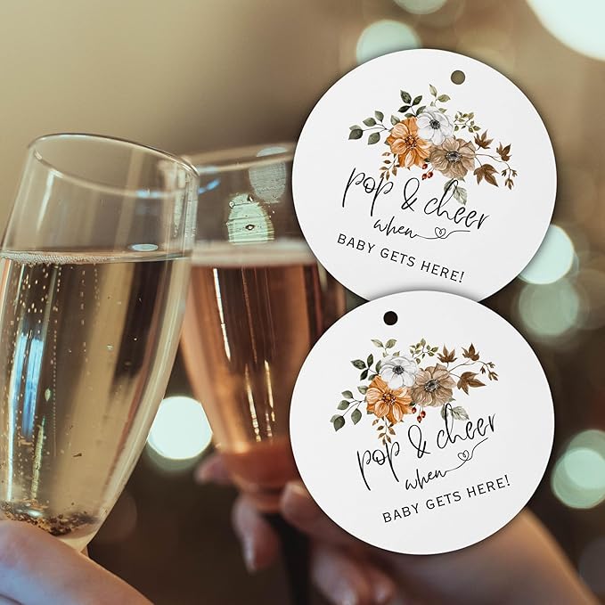Pop It When She Pops Boho Mini Champagne Fall Hang Tags | 30 pk 2.5” with Holes Neutral Floral Labels for Baby Shower Bubbly Wine Stickers
