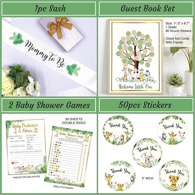 320-Piece Jungle Safari Baby Shower Decorations Kit for Boy or Girl | Gender Neutral Animal Theme Decor with Balloons, Banners, Garland, Fans, Sash, Cake Topper, Games, Stickers, Cutouts, Ivy Vines