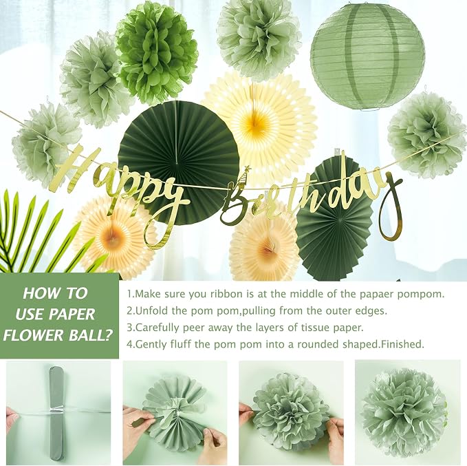 SUNBEAUTY Sage Green Birthday Decorations for Women Green Tissue Pom Poms Paper Lanterns Party Decorations Happy Birthday Banner Sage Green Paper Fans for Spring Garden Party Wedding Bridal Shower