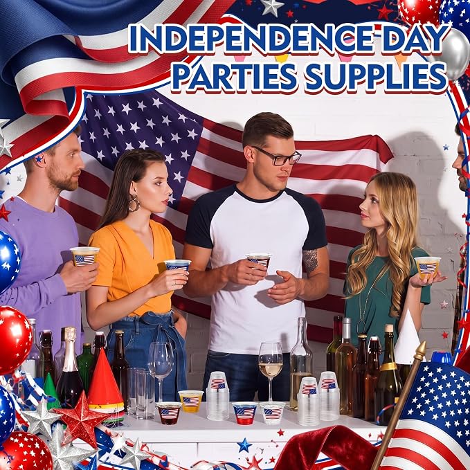 LemonRoad 100 Pack Patriotic 4th of july Cups 9 oz Star Stripe American Flag Disposable Clear Plastic Cocktail Cups Hot Cold Beverage Drinks for 250th anniversary decorations and party favors