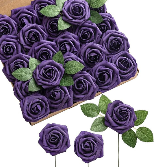 Ling's moment Artificial Flowers 25Pcs Deep Purple Roses Decor w/Stems,3" DIY Foam Floral for Wedding Bouquet/Centerpieces, Outdoors Party Backdrop, Room/Table, and Garden/Pot Decorations