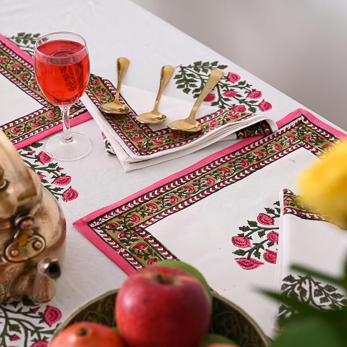 Hand Block Printed Tablecloth, Colorful Floral Print, Indian Artisan Handmade Art, Dining Room, Kitchen, Outdoor Décor, (Soft Petal Glow, 14 Seater 72 x 160 Inches Rectangle)