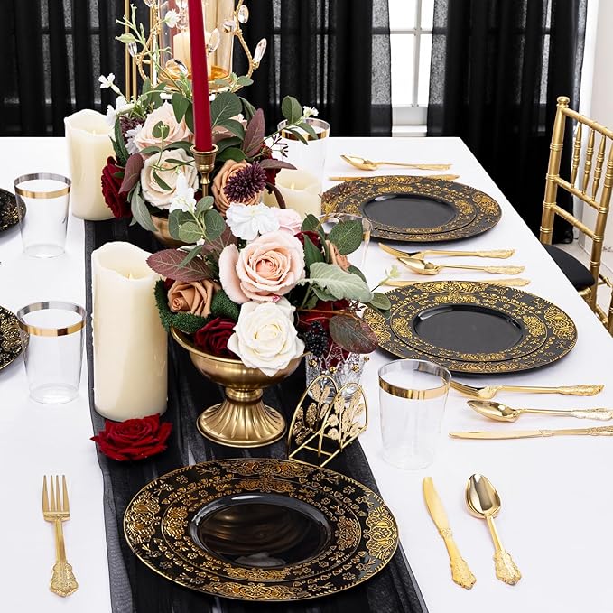 GATHER 350PCS Black and Gold Plastic Plates - Gold Disposable Dinnerware Set Include 50 Dinner Plates, 50 Dessert Plates, 150 Gold Plastic Silverware, 50 Napkins, 50 Cups for Wedding & Party