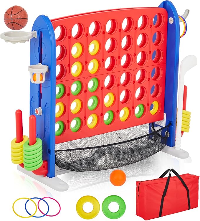 Giant 4-in-a-Row Game Set, Whale Design 4-in-1 with Basketball Hoop, Golf, Ring Toss, 42 Jumbo Rings, Adjustable Height, Quick-Release Catch Net - Outdoor Play for Kids & Adults