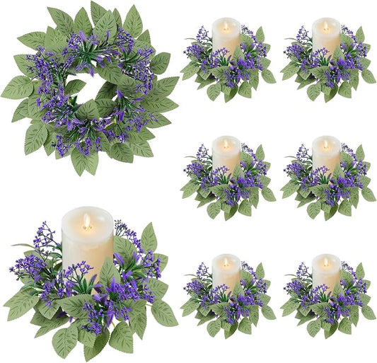8PCS Candle Rings Wreaths - Artificial Lavender Wreath,Center Spring Wreath Rings,Flower Pillar Candle Holder Wreaths for Tapers Candelabra Wedding Party Home Table Centerpieces