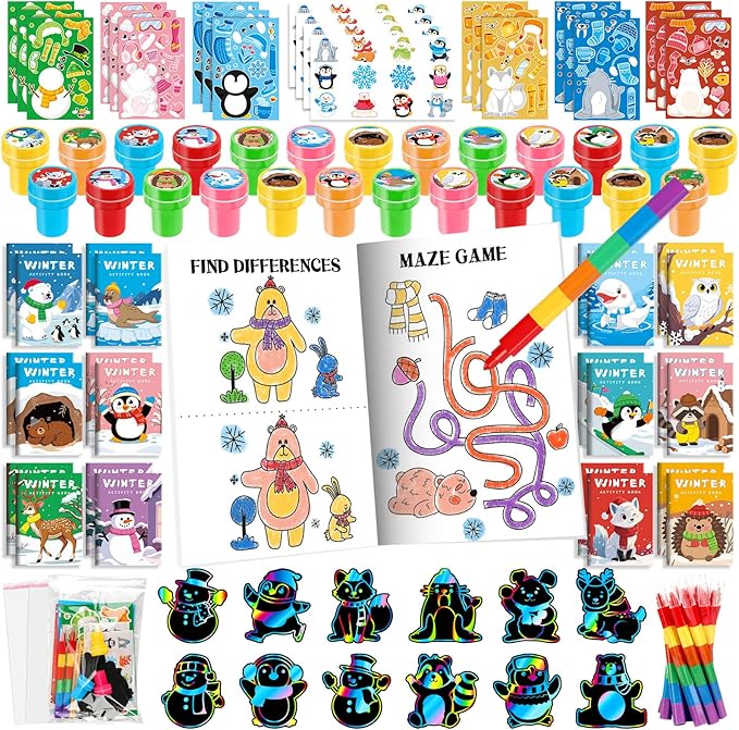BenLouis Winter Party Favors Set Holiday Themed Coloring Book Classroom Gift Prizes Bulk for Students Kids Christmas Frozen Birthday Goodie Bag Stuffers Pinata Filler (12Set Animals)