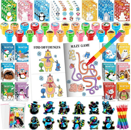 BenLouis Winter Party Favors Set Holiday Themed Coloring Book Classroom Gift Prizes Bulk for Students Kids Christmas Frozen Birthday Goodie Bag Stuffers Pinata Filler (24Set Animals)