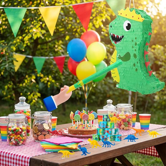Dinosaur Birthday Party Favors Piñata Set Dino Decoration with Blindfold and Baton, 16 * 12 * 3 Inches, Dragon Pinata Green