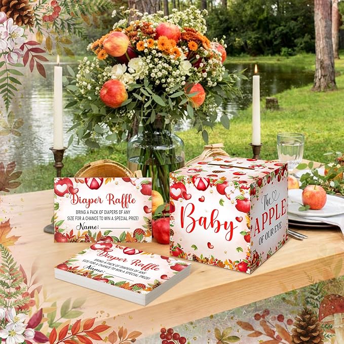 Teling 51 Pieces Diaper Raffle Tickets with Card Box Baby Shower Decorations Gender Reveal Holder Box for Girl Boy Diaper Raffle Party(Apple of Our Eye Style)