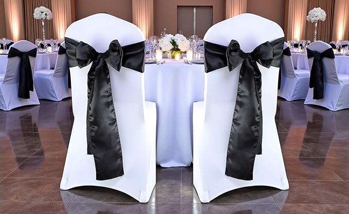 MDS Satin Chair Sashes, 300 Pack, 7”x108” Each, Decorative Chair Bows Ribbon Tie Backs for Wedding Party, Holiday Dinner, Birthday, Reception, Banquet, Hotel & Event Decoration - Black