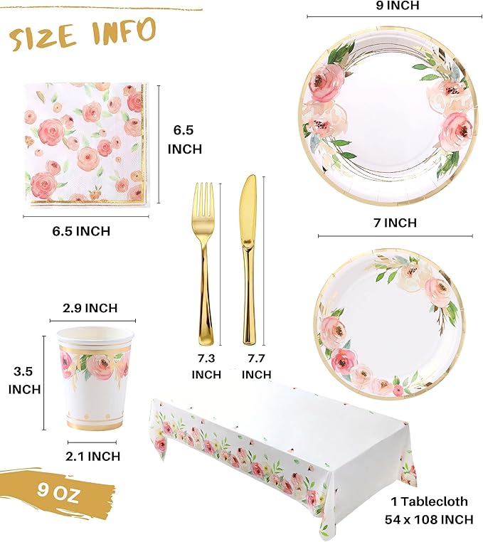 Luxury Floral Paper Plates and Napkins Party Supplies - Serves 16 - Pink and Gold Flower Decoration for Floral Baby Shower Bridal Shower Tea Party Birthday