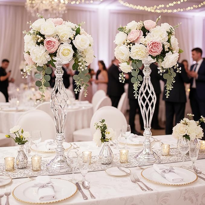 Silver Wedding Vases for Table Centerpieces - 2pcs of Twist Candleholder Stands, Elegant Floral Arrangement Vases, Metal Centerpieces for Reception Table Wedding Road-Leading Home Decor