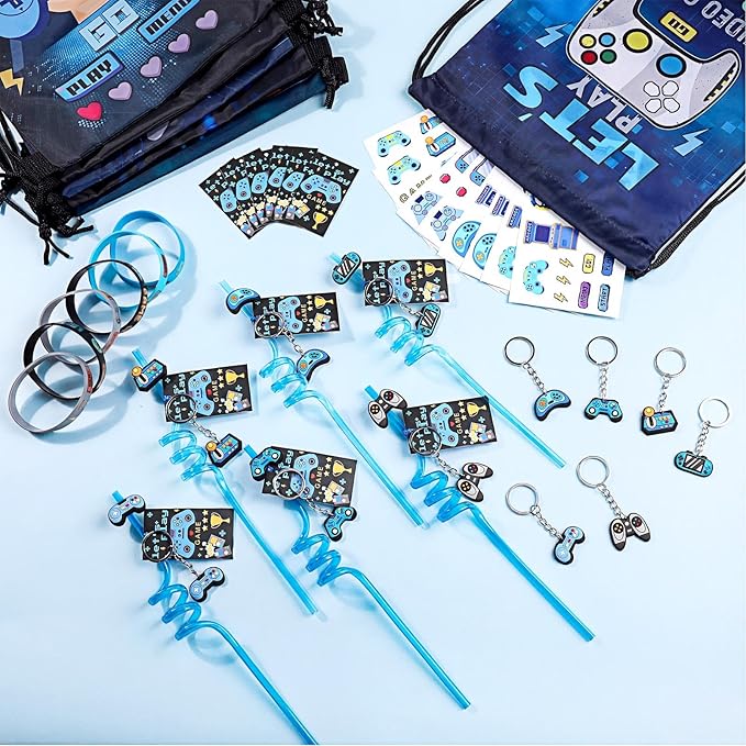 LemonRoad 73 Pcs Video Game Party Favors Set Birthday Supplies Includes Drawstring Bags Keychains Bracelets Stickers Straws Tags for Video Game Theme Party