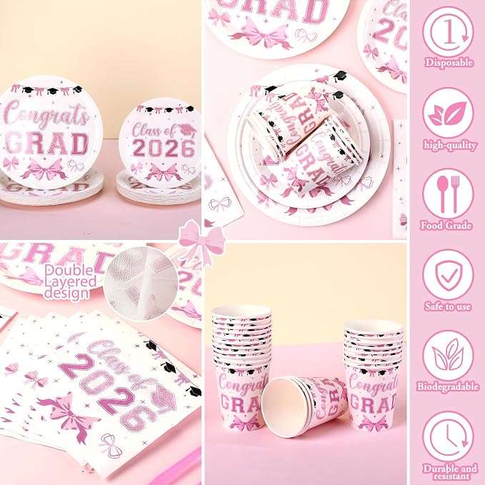 168 Pcs Pink Graduation Decorations Pink Bow Class of 2026 Party Supplies Serve 24 Coquette Graduation Plates, Napkins, Cutlery Set Congrats Grad Tableware Set Disposable Paper Plates Cups
