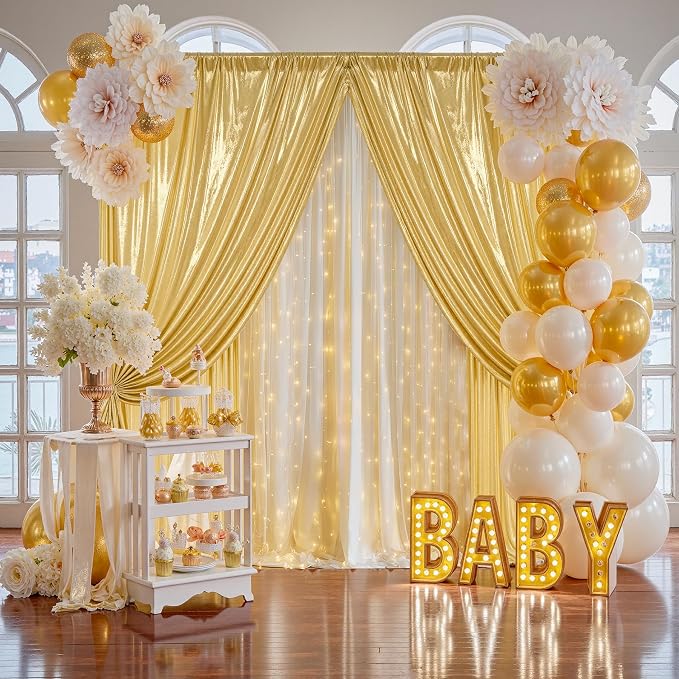 20x10FT Gold Sequin Backdrop Curtain for Party - 4 Panels 5x10FT Wrinkle-Free Shimmer Drapes for Birthday, Wedding, Christmas, Decorations & Photography