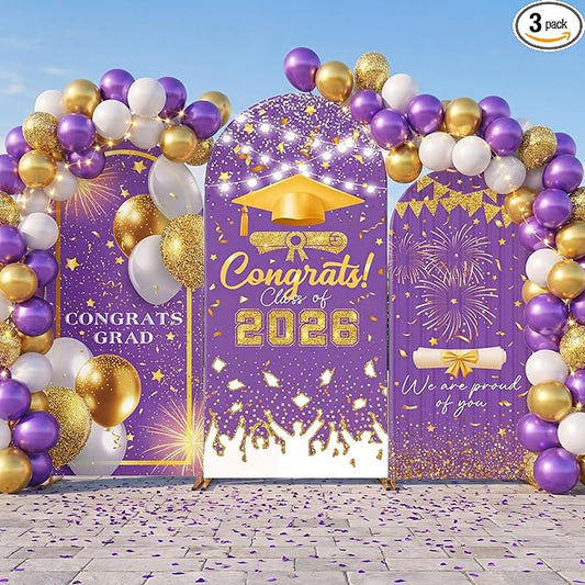 WovWeave Graduation Arch Backdrop Stand Cover Set of 3-4ft 5ft 6ft Grad Arch Cover Photo Booth Backdrop Decorations for Graduation Party Decor Supplies(Purple Gold,Congrats)