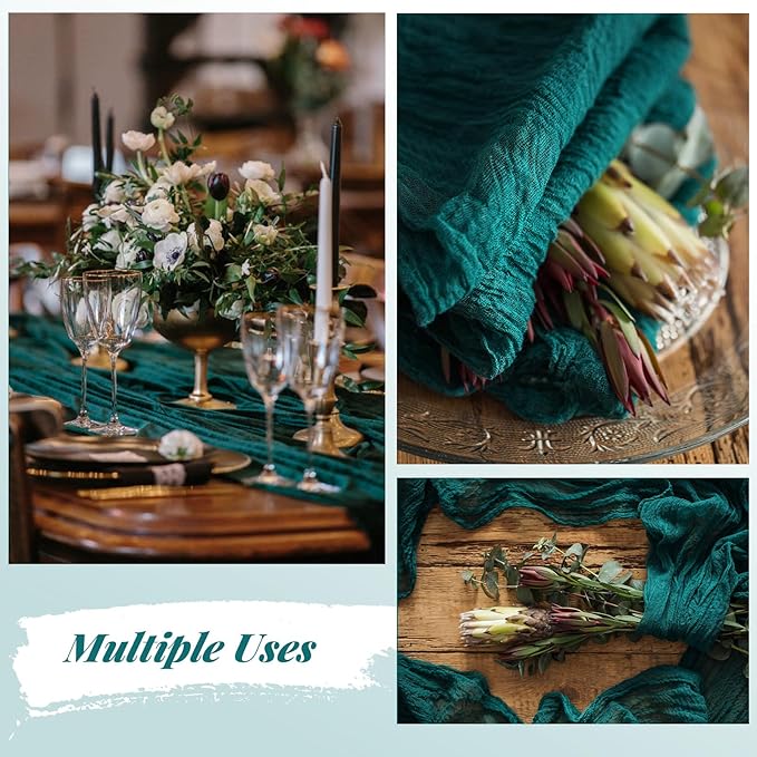 Showgeous 10 Pack Teal Cheesecloth Table Runner Gauze Table Runner 10FT Long Semi-Sheer Table Runner Boho or Rustic Wedding Table Decor for Wedding Decor Arch Draping Bridal Shower Holiday Party