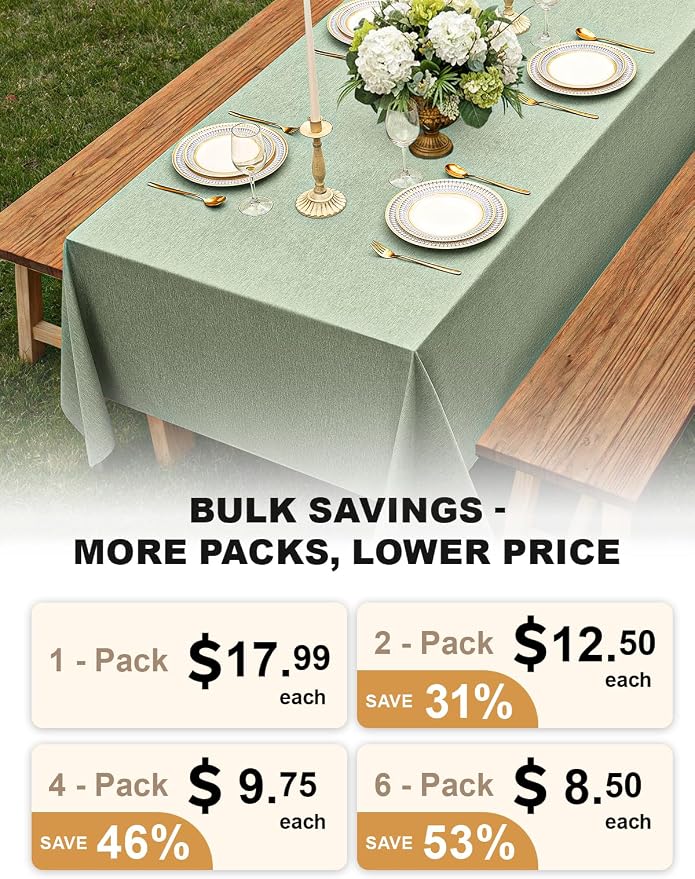 Decorelia Washable Sage Green Table Cloths for 4 Ft Rectangle Tables-4 Pack, Washable Polyester Rustic Faux Linen Rectangular Table Cloth Cover for Wedding,Outdoor,Events, Party,Banquet, 60x84 Inch
