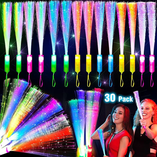 TURNMEON 30 Pcs Colorful Glow Fiber Wands,Toys Glow Sticks Bulk Party Pack for Adults,Glow in the Dark Party Supplies for Patriotic,football ,Wedding, Birthday,Classroom,Concert,Pool carnival