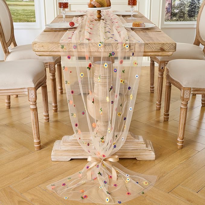 BINBE 6pcs Champagne Daisy Spring Table Runner Embroidery Gauze 10FT Florals Seasonal Tulle Holiday Birthday Kitchen Dining Table Decor for Home Party