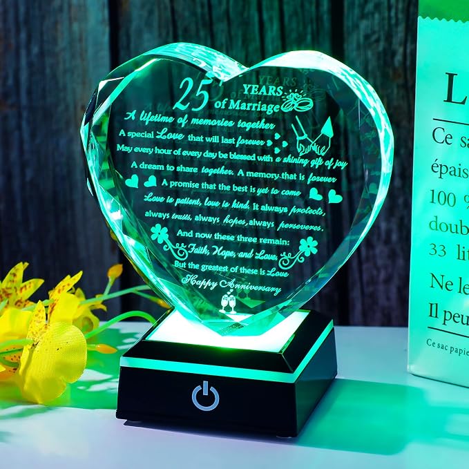 25th Wedding Anniversary Crystal Gifts for Couples Parents, Romantic Heart 25th Anniversary Keepsake Gifts for Her Him, 25 Years of Anniversary Marriage Gifts for Wife Husband