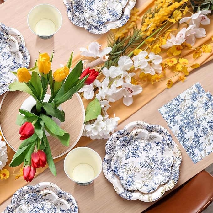 Newtay 250 Pcs Blue Floral Disposable Plates and Napkins Blue Gold Disposable Tableware Set for 50 Guests Paper Plates Napkins Cups for Wedding Bridal Shower Supplies