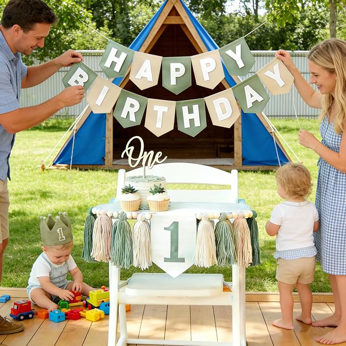 Sage Green 1st Birthday High Chair Decorations- First Birthday Banner Wild One Highchair banner 1st birthday boy with Tassels, Crown & One Cake Topper, Boho 1st Birthday Party Supplies photo props