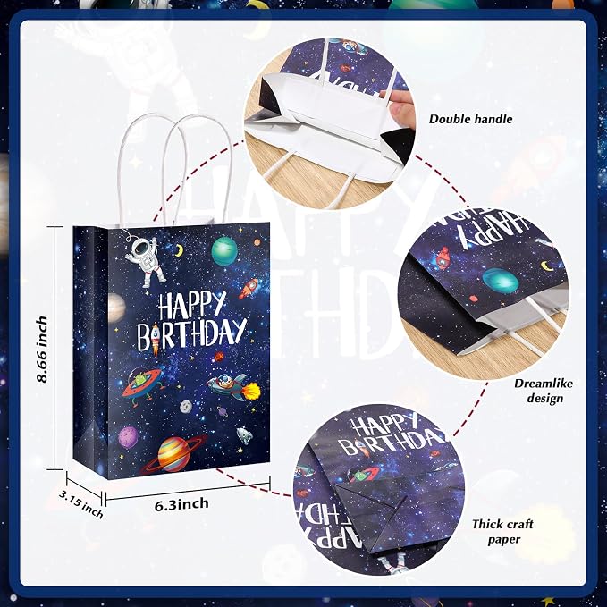 Outus 16 Pack Outer Birthday Space Party Favors Space Goody Bags with Handles Galaxy Gift Bags Kraft Paper Planet Goodie Treat Astronaut Present for Boys Girls Theme Party