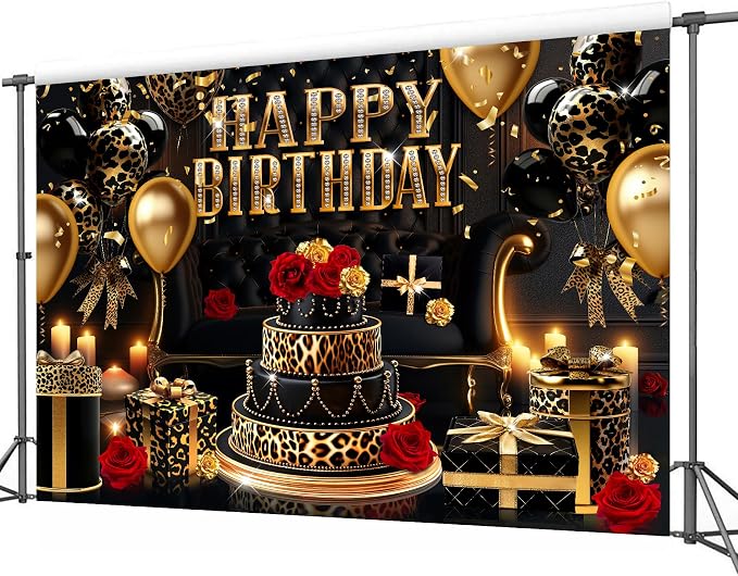 Happy Birthday Backdrop for Women 7Wx5H Feet Black Gold Leopard Print Cheetah Balloon Banner Decoration Red Rose Party Celebration Photography Background Photo Shoot Props Polyester Fabric