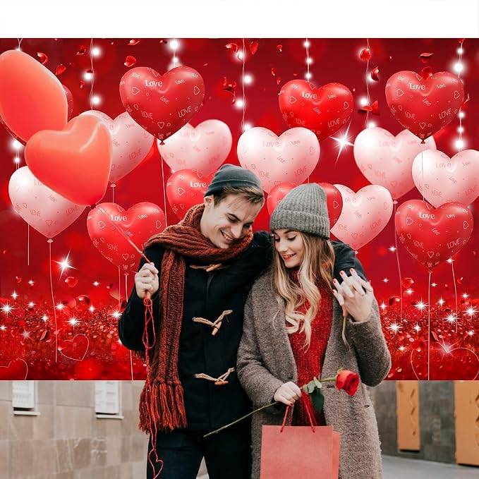 Red Hearts Balloons Anniversary Backdrop Banner 7x5ft Romantic Love Theme Photo Background For Anniversary Engagement Wedding Bridal Shower Couples Date Night Party Decorations Photo Booth (82x59inch)