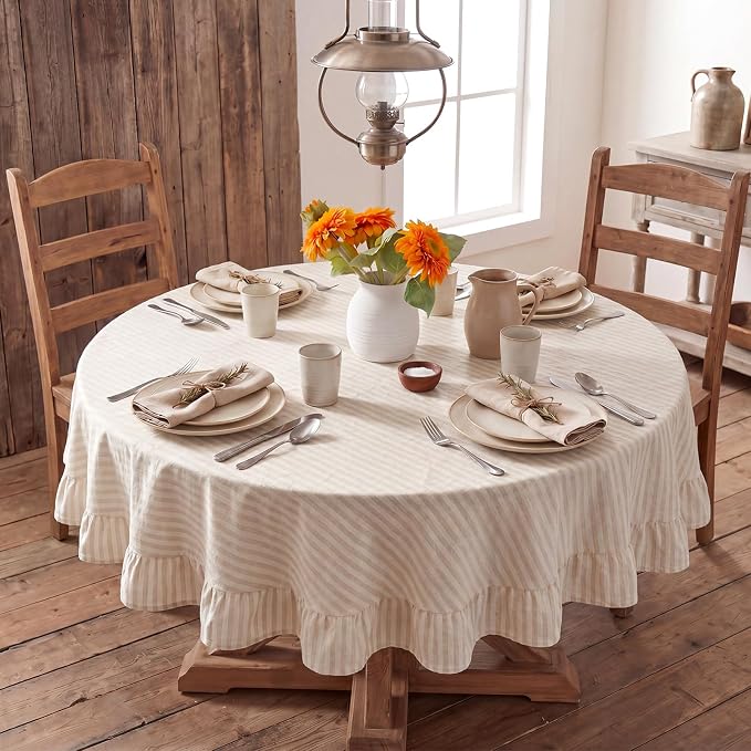 Boao Cotton 60 Inch Farmhouse Ruffle Tablecloth Beige White Striped Flounces Trim Table Cover for Round Table Kitchen Party Wedding Decor