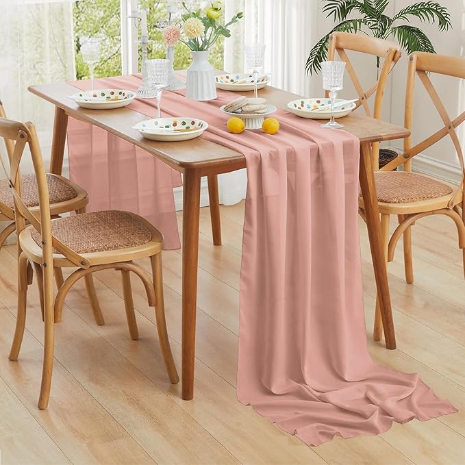 Horbaunal 2 Pack Dusty Rose Chiffon Table Runners 10FT Sheer Chiffon Runner 29x120 Inches Romantic Boho Rustic Table Runner for Wedding Party Bridal Baby Shower Table Decorations
