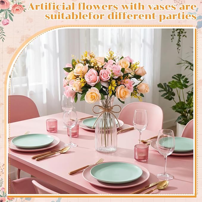 Zeyune 31 Pcs Rose Artificial Flowers with Vase Bulk for Table Centerpiece, 20 Bundles Fake Silk Roses 10 Plastic Clear Vase with 1 Pcs Rope Arrangement Decoration Wedding Home Party(Champagne,Pink)