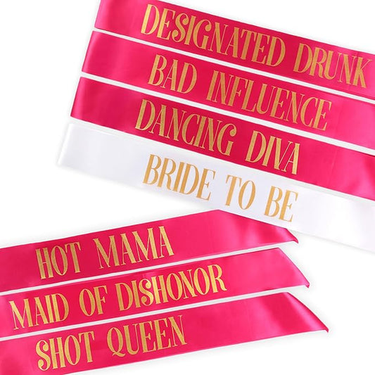 POP FIZZ DESIGNS Bachelorette Sash Set (7 pcs) 1 White Bride to Be Sash + 1 Maid of Honor Sash + 5 Bachelorette Sashes for The Bride Tribe - Amazing Bachelorette Party Favors
