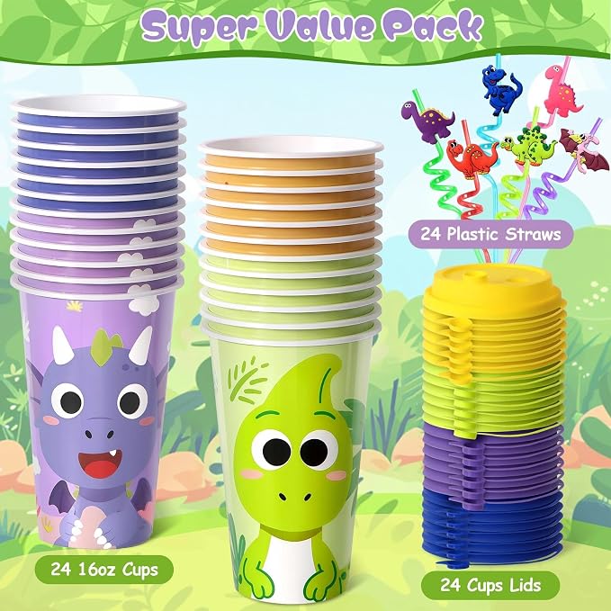 Dinosaur Party Favors for Kids, 24 Pack Dino Birthday Cups with Lids and Straws, 16oz Dinosaur Party Supplies, Goodie Bag Stuffers, Classroom Prizes, Boys Girls Birthday Decorations