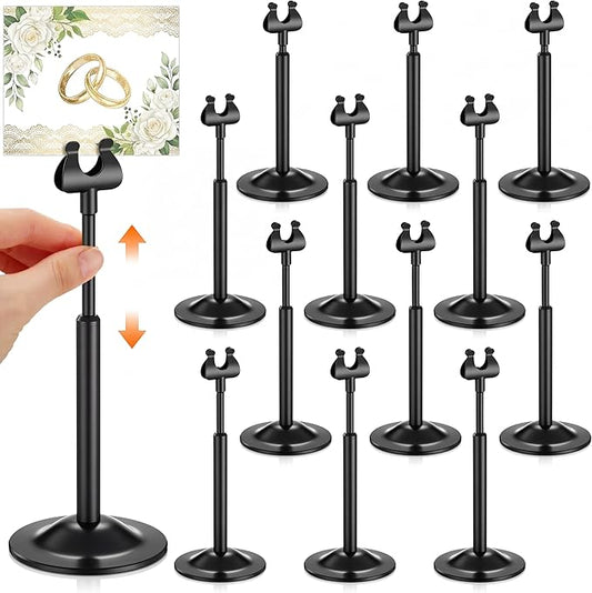 Kathfly Black 12 Set Table Number Holders Adjustable Metal Place Card Holders Harp-clip Tabletop Sign Stands Detachable Card Holder for Weddings Birthday Restaurants Table Decor (4.9-7.3 Inch)