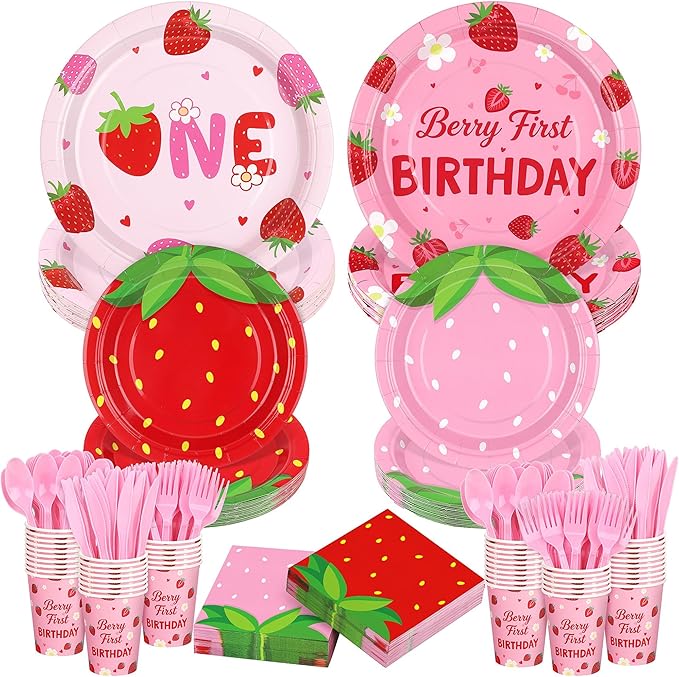 Kochorie 400 Pieces Strawberry Disposable Tableware Sets, Summer Fruit Party Supplies with Strawberry Birthday Party Plates Cups Napkins Cutlery Serves 50 for Berry First Birthday Decorations