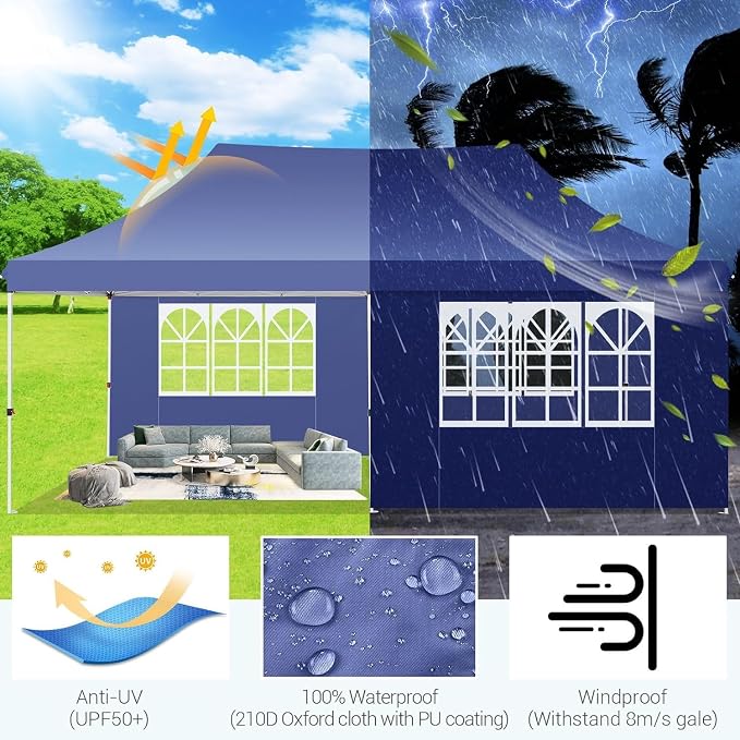 COBIZI Canopy 10x20 Pop Up Canopy Tent with Sidewalls, Waterproof Commercial Canopy Ez Outdoor Instant Gazebo UV Protection 50+ Event Shelter, Garden Tents for Parties with Sandbags, Navy Blue