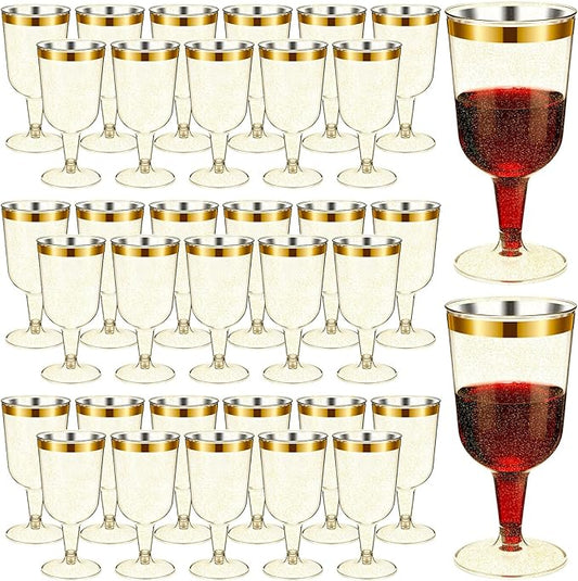 CHENGU 100 Pcs Plastic Wine Glasses 7 oz Gold Rimmed Mini Stemware with Removable Base for Wedding Parties Birthday Anniversary Champagne Toasting(Gold Powder)
