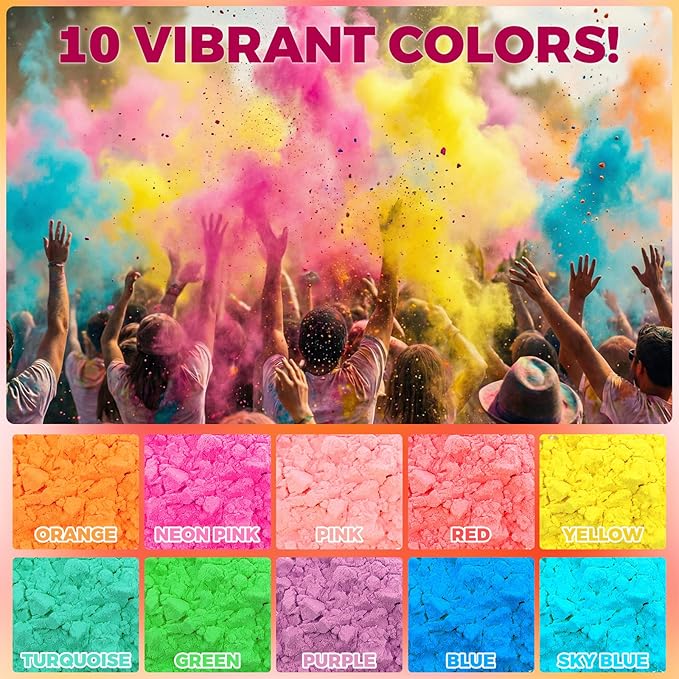Ceya Holi Powder,20 Pack X 3.5oz(100g) Each Color Run Powder, 10 Colors Natural Washable Chalk Paint for Color War, Rangoli ,Fun Run, Photoshoot, Smoke Bombs, Gender Reveal & Summer Camp